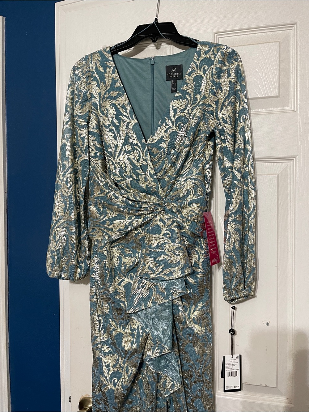 Adrianna Papell Teal and Gold Jacquard Ruffle V-Neck Dress